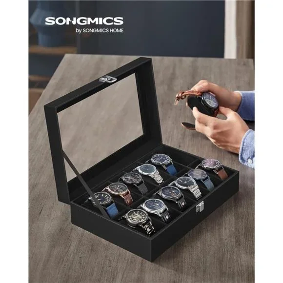 Watch Box 12-Slot Watch Case w Large Glass Lid Removable Watch Pillows Organizer - Picture 6 of 6